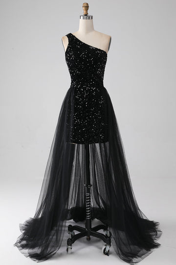 A-Line Black One Shoulder Sequins Formal Dress